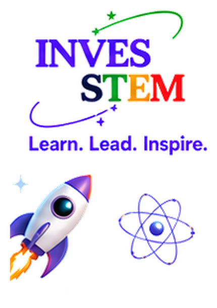 Inves-STEM logo, Learn. Lead. Inspire., rocket and atom artwork