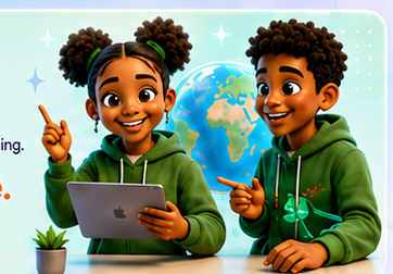 Young learners using a tablet in front of a globe